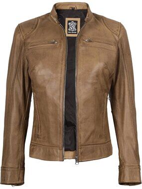 Women’s Camel Genuine Lambskin Leather Cafe Racer Motorcycle Jacket